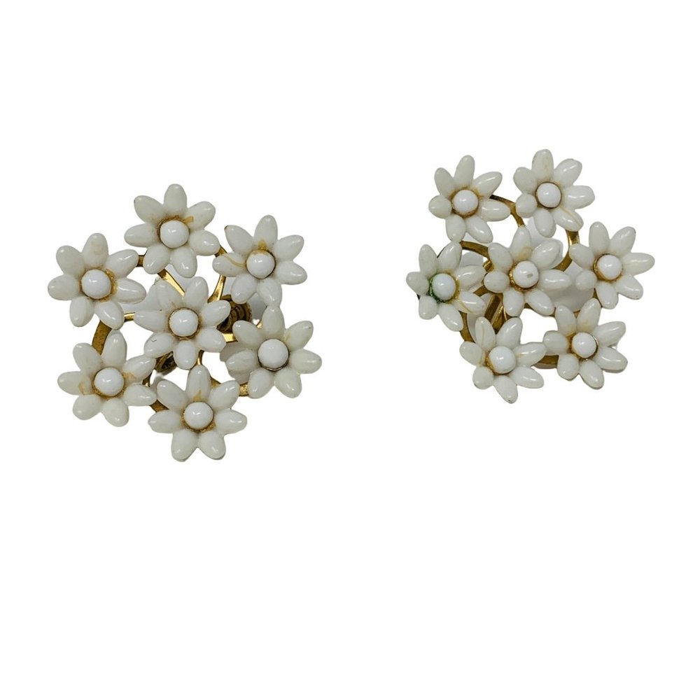 Vintage White Large Floral Screw Back Earrings